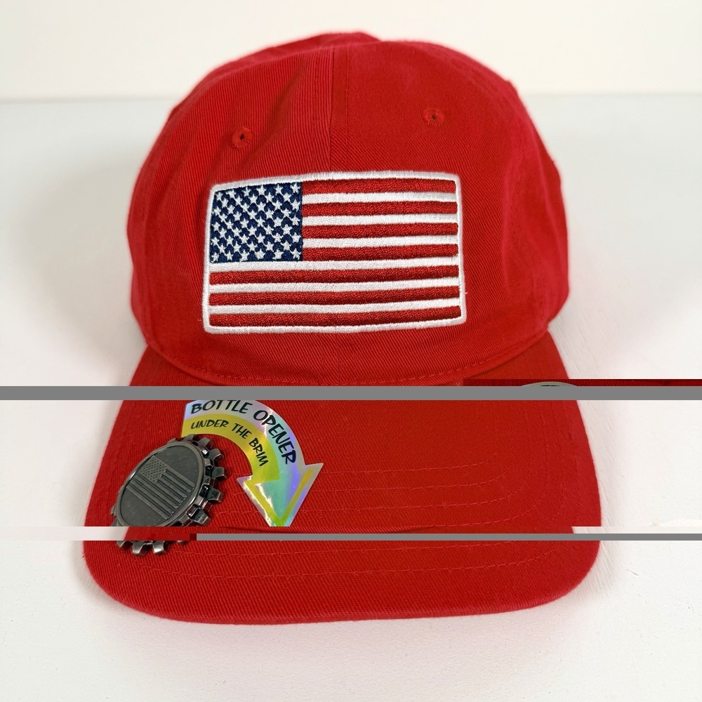 Red USA American Flag Baseball Cap Built-In Bottle Opener Adjustable Back Strap